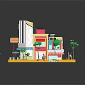 Cartoon Style Colorful Building Scene With Coco Sign Trees Street Lamp Outdoor Seating And Vehicle