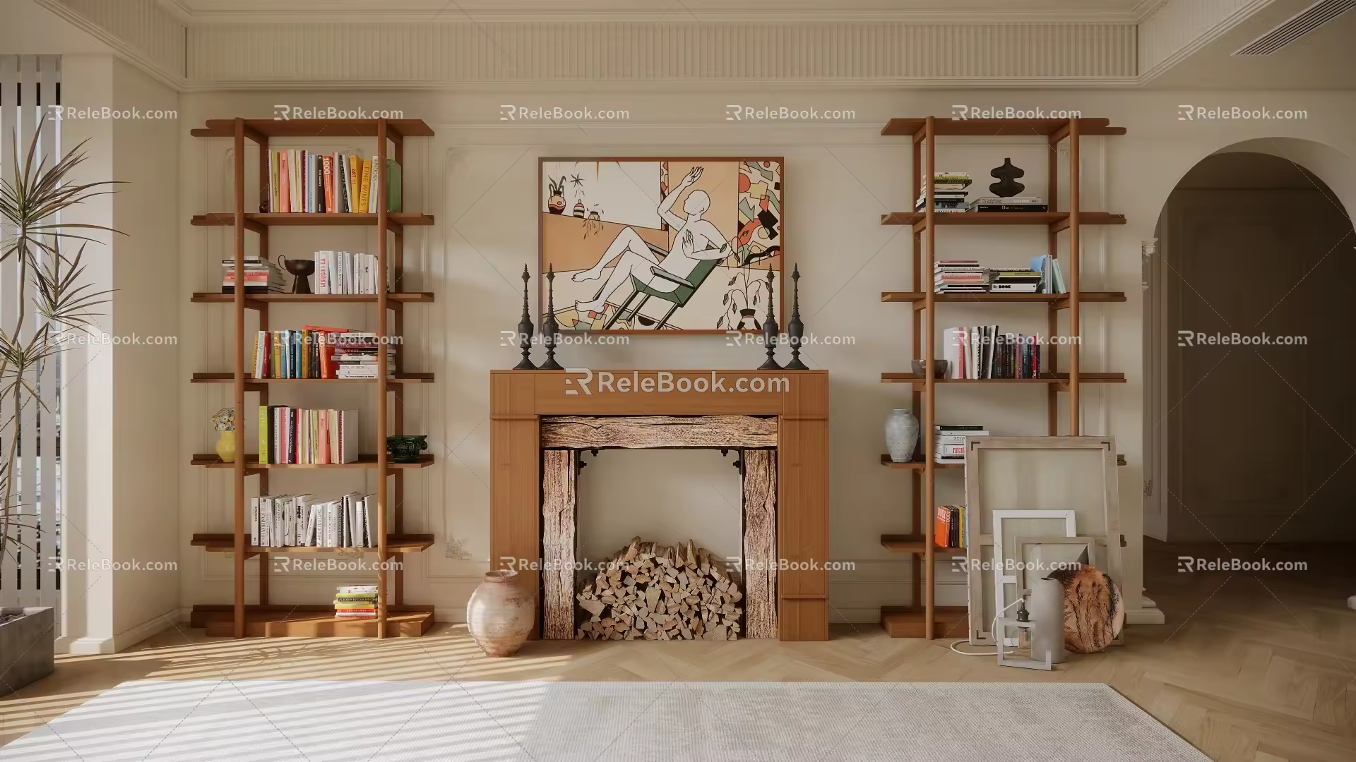 Modern bookshelf Middle wooden bookshelf Wooden fireplace combination Book ornaments combination 3d model