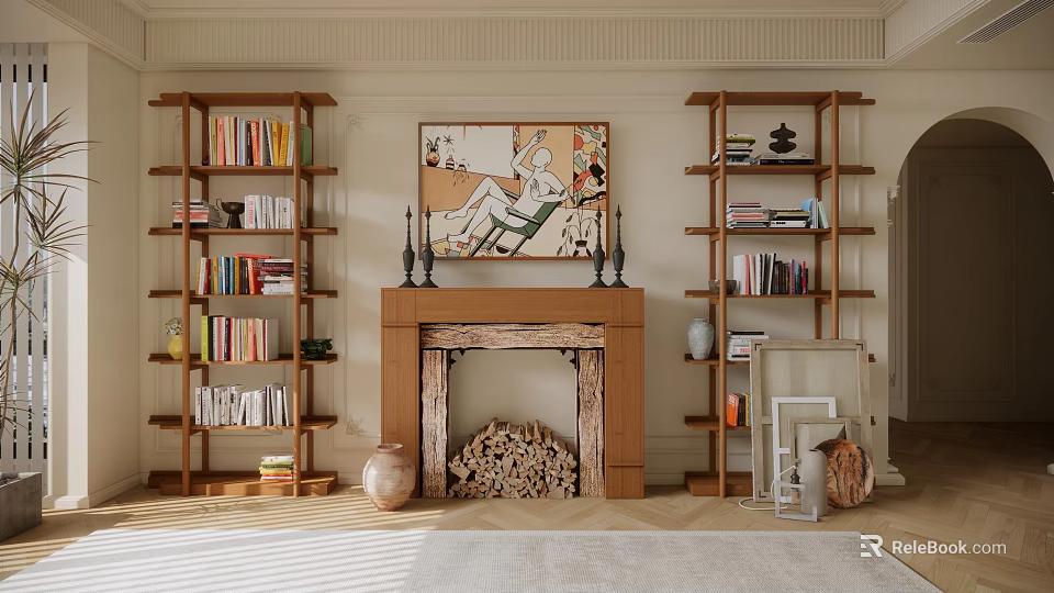 Stylish Wooden Bookshelves with Books Decor Firewood Around Fireplace Artwork Candlesticks 3d model 