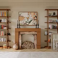 Modern bookshelf Middle wooden bookshelf Wooden fireplace combination Book ornaments combination 3d model
