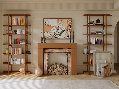 Stylish Wooden Bookshelves with Books Decor Firewood Around Fireplace Artwork Candlesticks 3d model