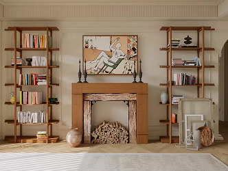 Modern bookshelf Middle wooden bookshelf Wooden fireplace combination Book ornaments combination 3d model