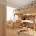 Wooden Kids Room Interior With Bunk Bed Desk Chair Toys And Wall Drawing