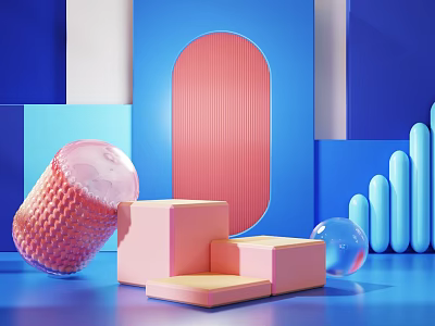 Modern Colorful Geometric Display with Pink Textured Cylinder Arch Steps Blue Columns Transparent Sphere 3d model