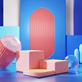 Modern Colorful Geometric Display with Pink Textured Cylinder Arch Steps Blue Columns Transparent Sphere