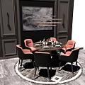 Round Dining Table Set With Black And Orange Chairs Tableware And Pendant Lights 3d model