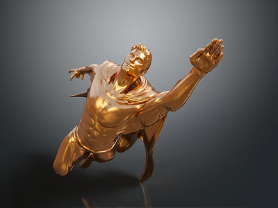 Golden Game Movie Character Statue in Dynamic Flying Pose With Flowing Cape And Outstretched Arm 3d model