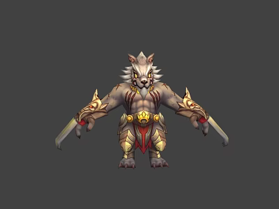 Lion Headed Humanoid Game Character With Golden Armor And Dual Blades 3d model