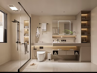 Modern Bathroom Interior Design With Glass Shower Enclosure Vanity Counter And Mirror 3d model