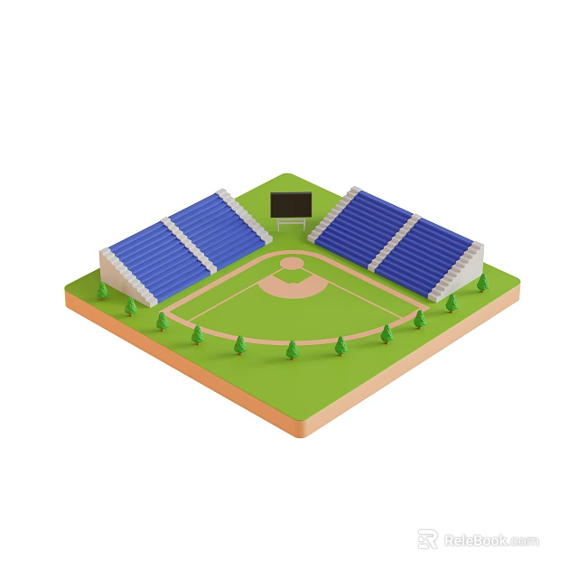 Decorative Ornament Set Featuring Baseball Stadium Model With Blue Stands Green Lawn Scoreboard And Trees 3d model 