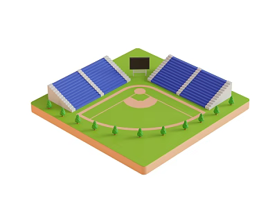 Decorative Ornament Set Featuring Baseball Stadium Model With Blue Stands Green Lawn Scoreboard And Trees 3d model