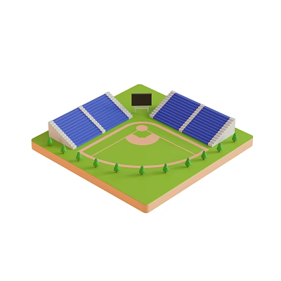 Decorative Ornament Set Featuring Baseball Stadium Model With Blue Stands Green Lawn Scoreboard And Trees 3d model