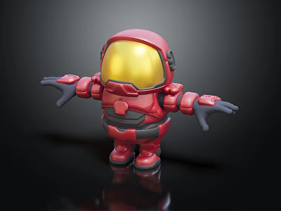 Red Spacesuit Astronaut Figure With Yellow Helmet Open Arms On Black Background 3d model