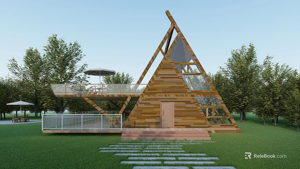 Triangular Wooden House With Glass Panels Balcony Railing and Stone Path Surrounded by Trees 3d model 