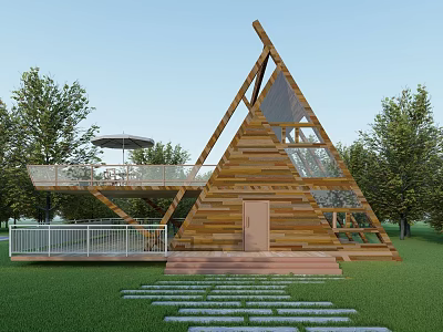 Triangular Wooden House With Glass Panels Balcony Railing and Stone Path Surrounded by Trees 3d model