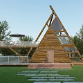 Triangular Wooden House With Glass Panels Balcony Railing and Stone Path Surrounded by Trees