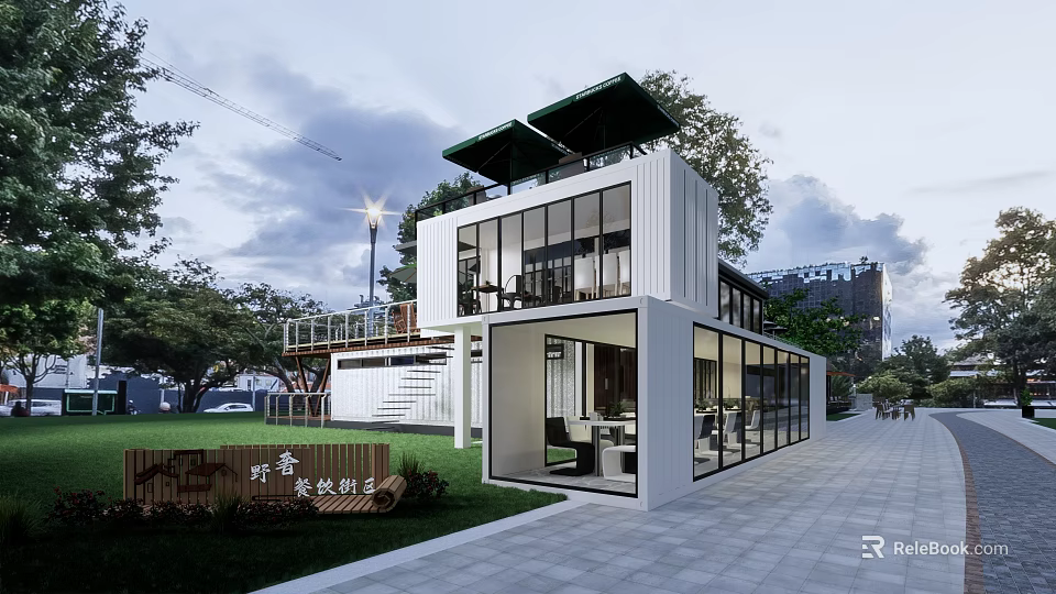 Modern Container Building Design With Glass Windows And Green Roof Garden Area 3d model 