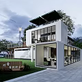 Modern Container Building Design With Glass Windows And Green Roof Garden Area