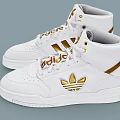 White High Top Shoes Featuring Gold Logo And Stripes For Stylish Athletic Wear