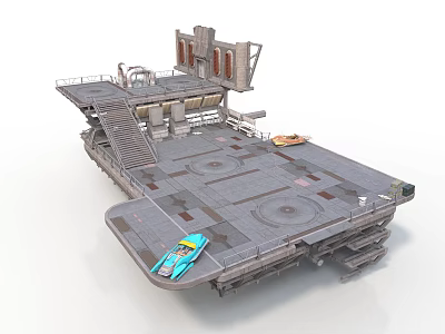 Futuristic Sci Fi Landing Platform With Blue Vehicle Staircase And Circular Markers 3d model