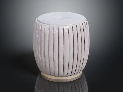 Cylindrical Light Gray Upholstered Stool With Vertical Stripes And Light Base 3d model