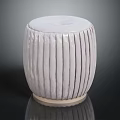 Cylindrical Light Gray Upholstered Stool With Vertical Stripes And Light Base 3d model