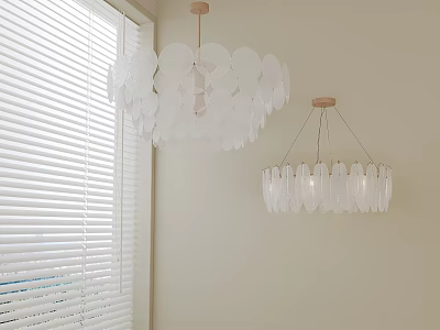Modern Chandeliers In White Wall Interior With Circular Transparent Discs And Cylindrical Shades 3d model