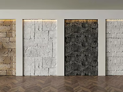 Various Textured Stone Background Wall Designs With Neutral Tones And Herringbone Wood Floor 3d model