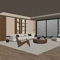 Modern Living Room Interior With Sofa Coffee Table Bookshelf And Window Blinds