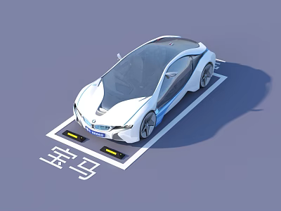 BMW Streamlined Electric Car Parked In Branded Parking Spot With White Body Blue Accents 3d model