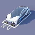BMW Streamlined Electric Car Parked In Branded Parking Spot With White Body Blue Accents