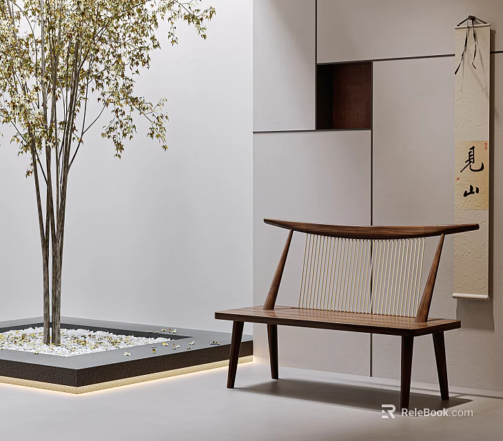 Minimalist Wooden Public Bench Near Small Tree With White Pebbles Square Area And White Wall 3d model 