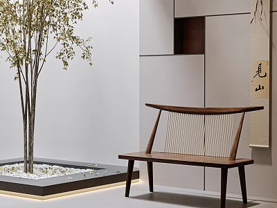 Minimalist Wooden Public Bench Near Small Tree With White Pebbles Square Area And White Wall 3d model