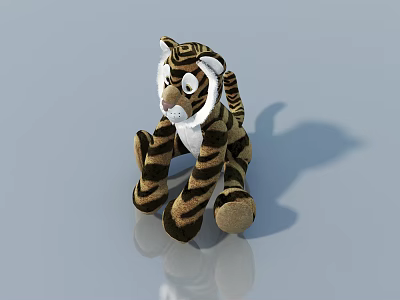 Tiger Plush Toy With Brown Black Stripes And White Face Sitting On Light Blue Background 3d model