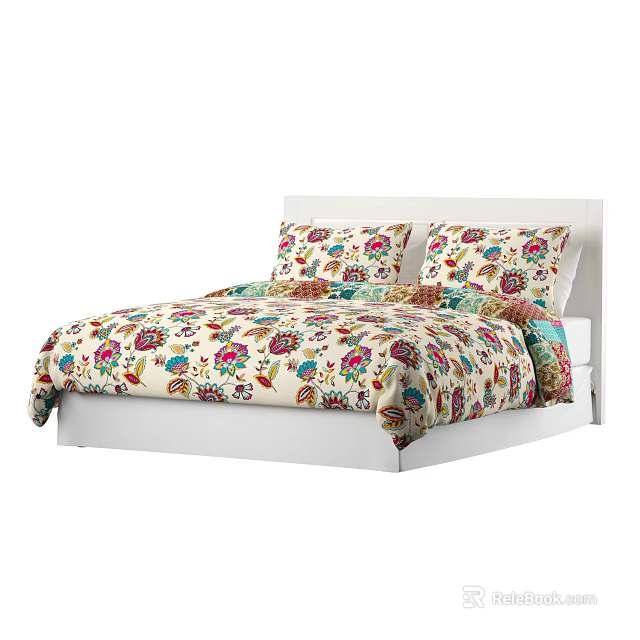 Double Bed With White Frame And Colorful Floral Bedspread And Pillows 3d model 