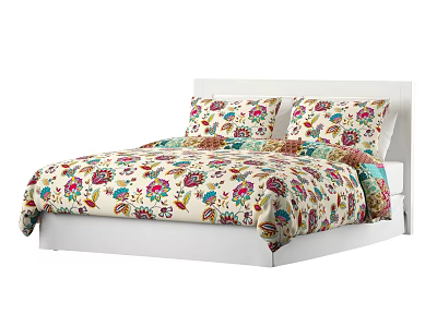 Double Bed With White Frame And Colorful Floral Bedspread And Pillows 3d model