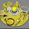 Interactive Yellow Smiley Face Themed Space With Circular Booths Installations And Patterns 3d model