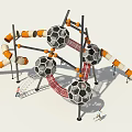 Modern Playground Equipment Featuring Climbing Net Spherical Structures And Orange Black Slides 3d model