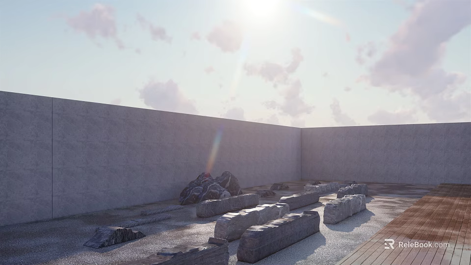 Natural Outdoor Space With Stone Blocks Wood Elements And Sunlit Gray Walls 3d model 