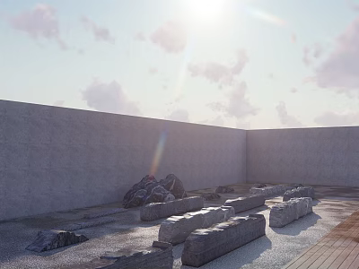 Natural Outdoor Space With Stone Blocks Wood Elements And Sunlit Gray Walls 3d model