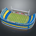 Modern Stadium Design With Blue Yellow Seats And Green Grass Field