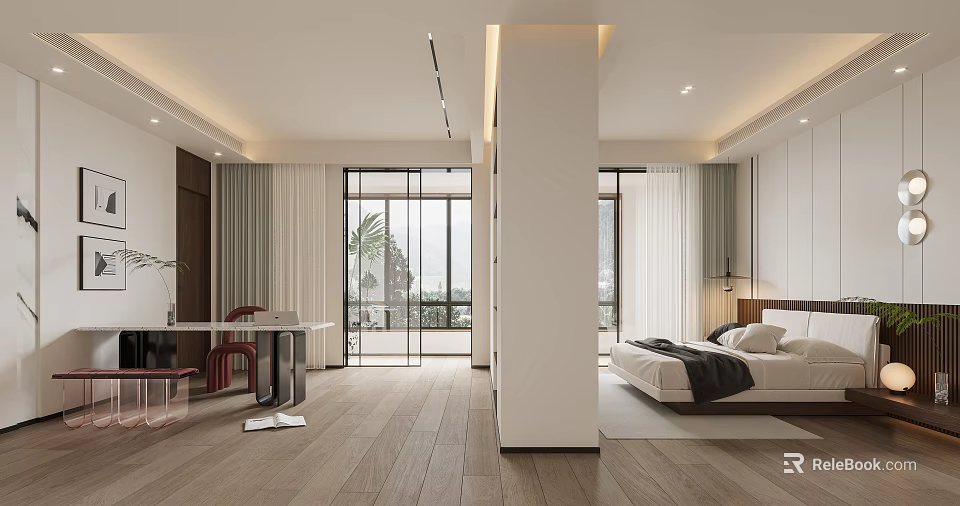 Modern Bedroom Interior Design With Large Windows Wooden Floor And Comfortable Bed 3d model 