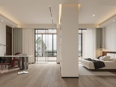 Modern Bedroom Interior Design With Large Windows Wooden Floor And Comfortable Bed 3d model