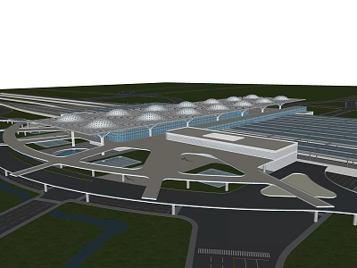 Modern Large Transportation Hub Featuring Dome Roofs Surrounding Roads And Bridges 3d model