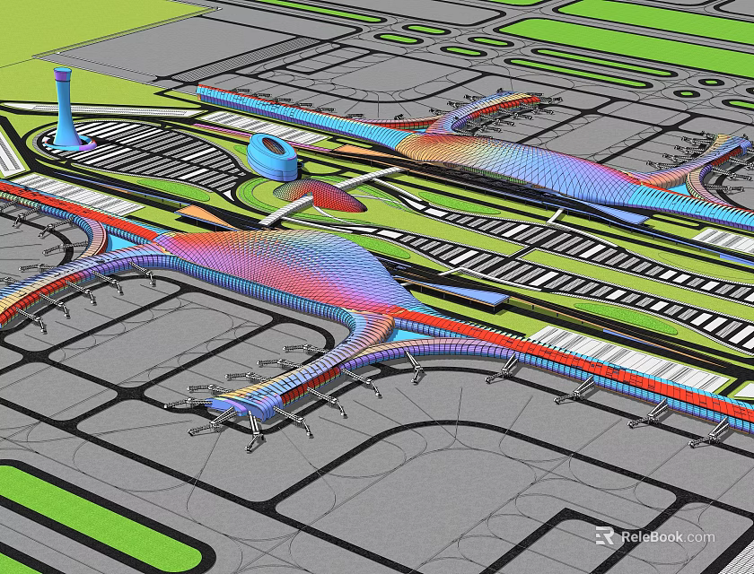 Modern Airport Layout Featuring Multiple Terminals Runways And Transport Links 3d model 