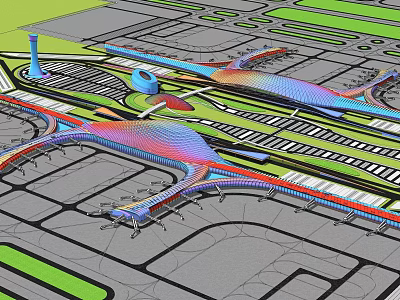 Modern Airport Layout Featuring Multiple Terminals Runways And Transport Links 3d model