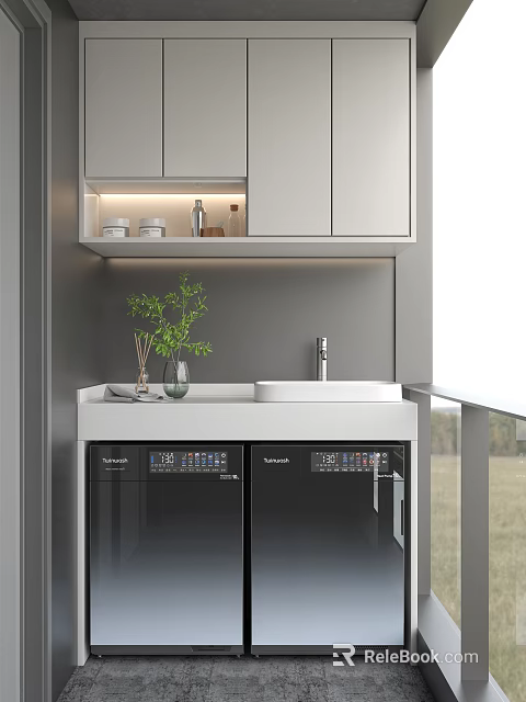 Modern Bathroom Cabinet With Sink Faucet Open Shelf And Decorative Plant 3d model 