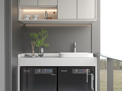 Modern Bathroom Cabinet With Sink Faucet Open Shelf And Decorative Plant 3d model