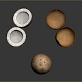 Whole and Halved Fresh Coconut with White Meat and Empty Shells 3d model