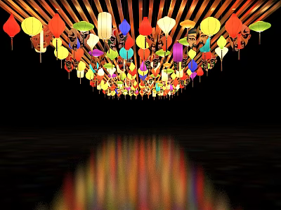 Colorful Hanging Lanterns with Various Colors Shapes and Floor Reflection on Black Background 3d model